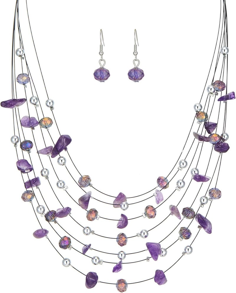 Errally Store Multi-Layer Boho Shell Beaded Necklace for Women Colorful Crystal Strand with Silver Beads Statement Collars Necklace and Earrings Costumes Jewelry Sets for Women - Image 1